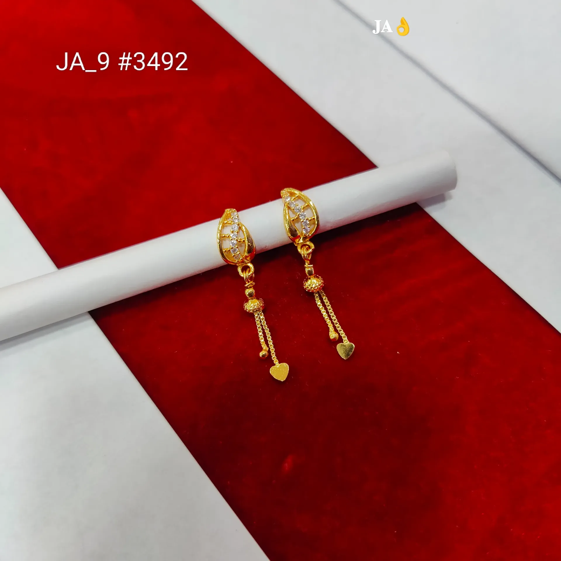 1 Gram Gold Plated Stone Studded Heart Charm Drop Earrings DN-3492