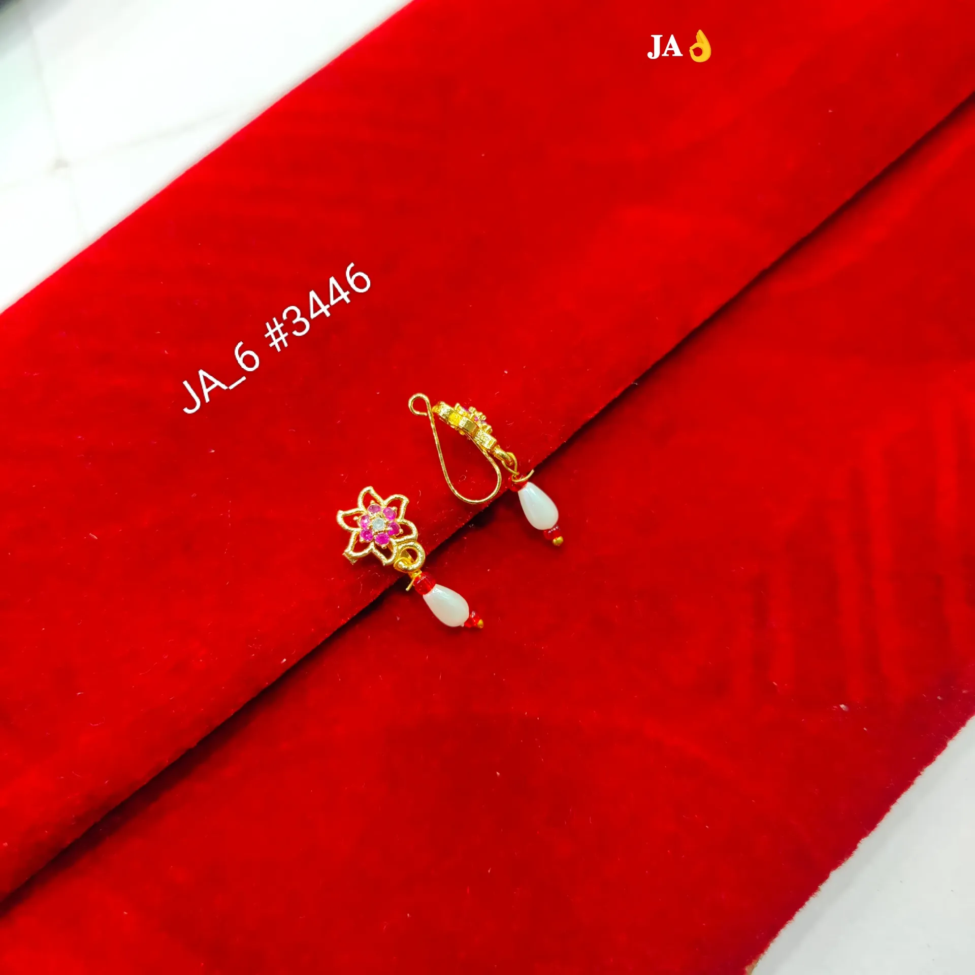 1 Gram Gold Plated Floral Pearl Drop Nose Pin Pair DN-3446