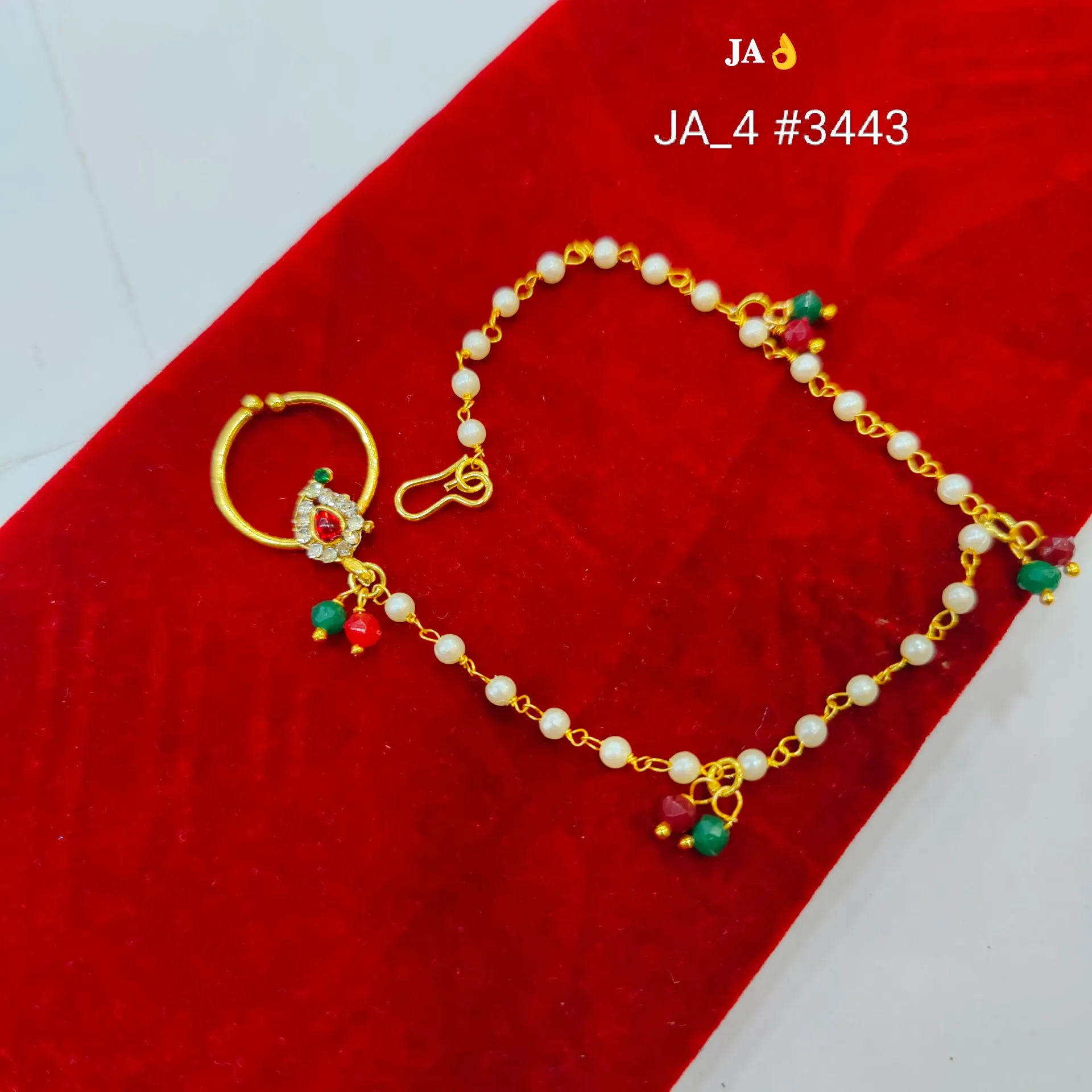 1 Gram Gold Plated Pearl Chain Nath with Stone Studded Design DN-3443