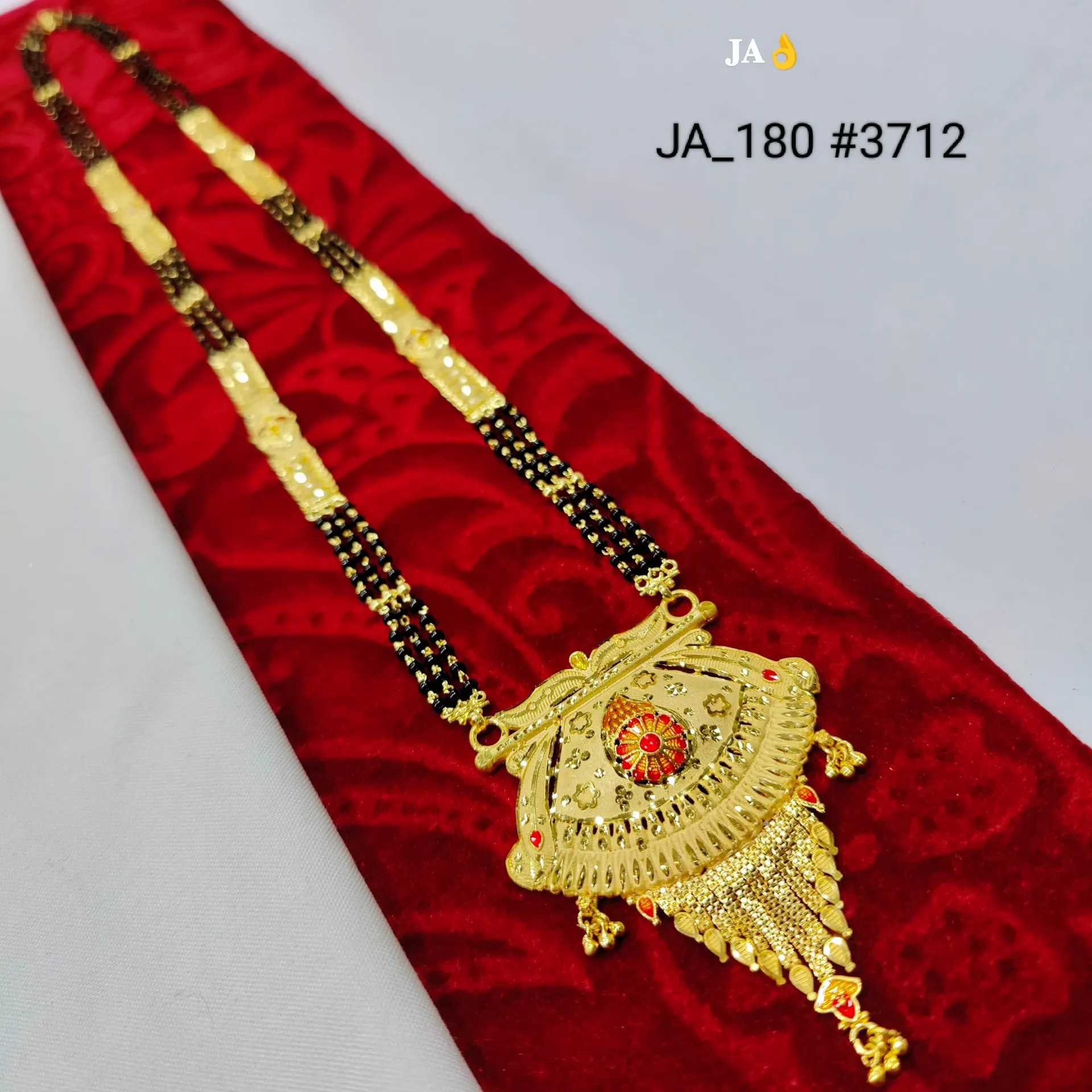 Traditional Gold Plated Mangalsutra with Black Beads & Floral Pendant DN-3712