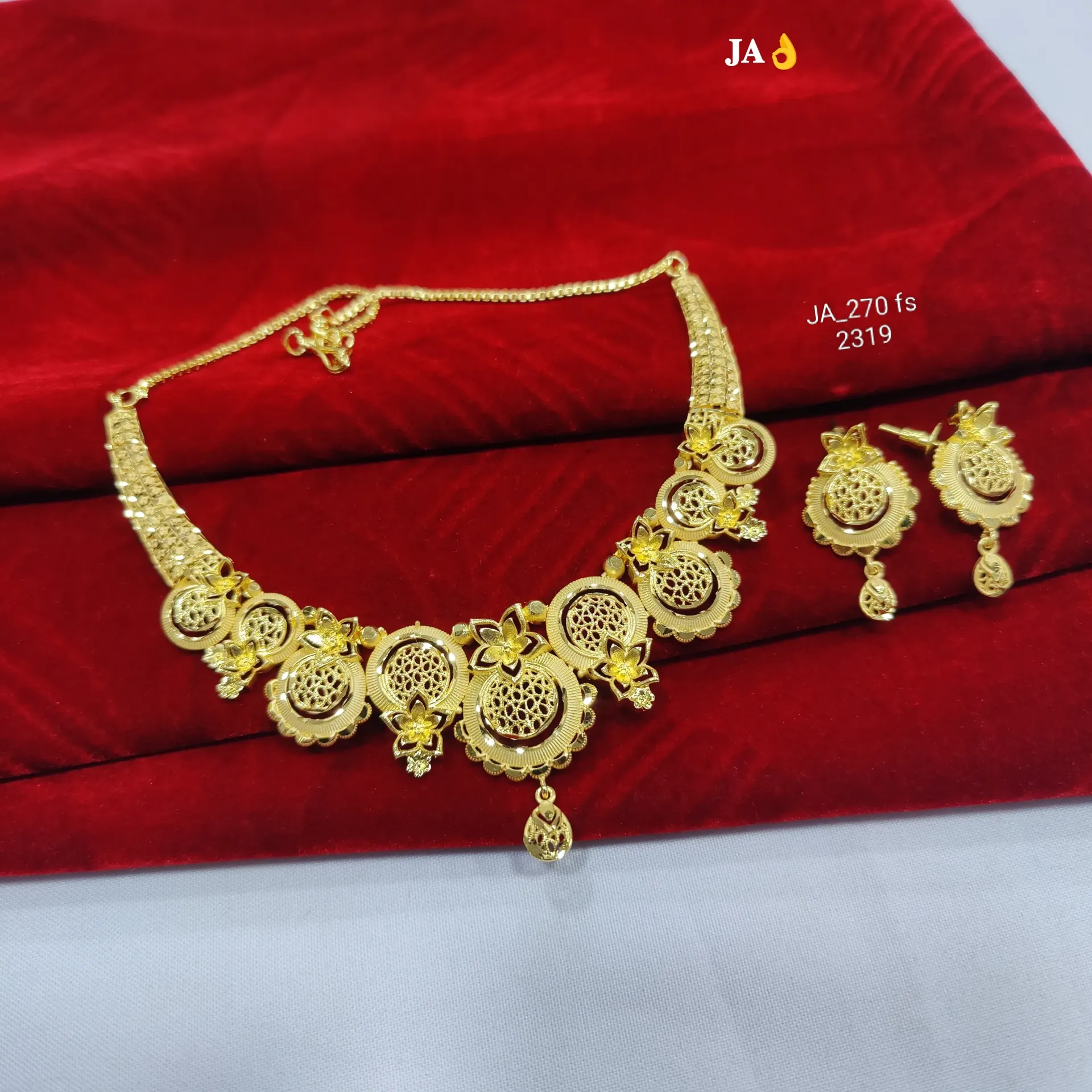 Traditional Gold Plated Floral Designer Necklace Set with Earrings DN-2319