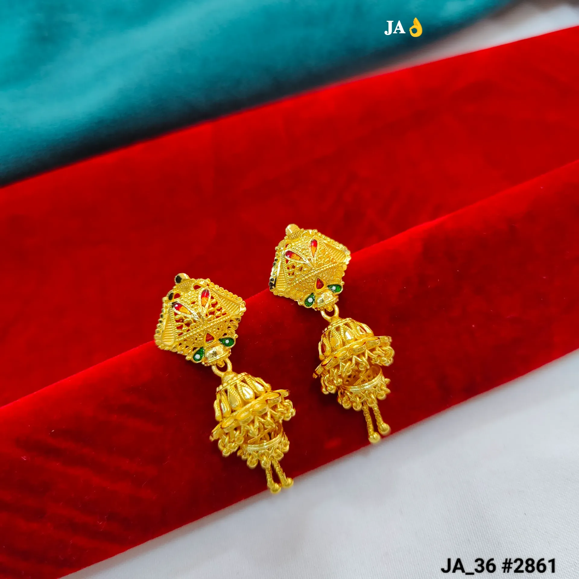 1 Gram Gold Plated Traditional Jhumka Earrings with Red & Green Stone Accents – DN-2861