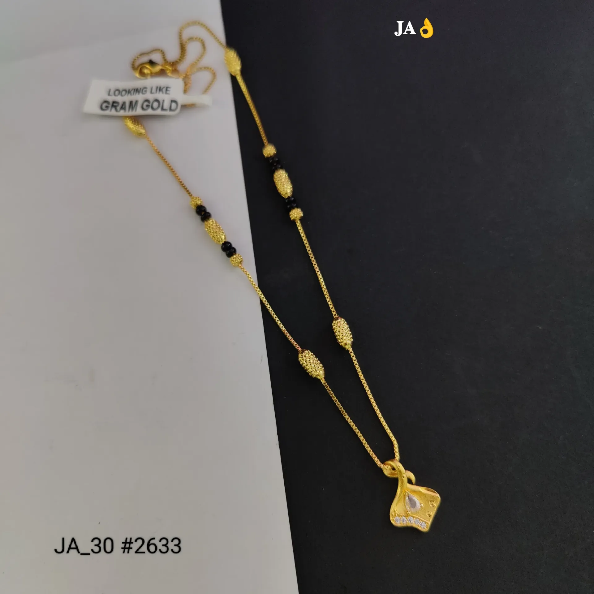 1 Gram Gold Plated Mangalsutra Pendant Necklace with Black Beads & CZ Stone Design  DN-2633