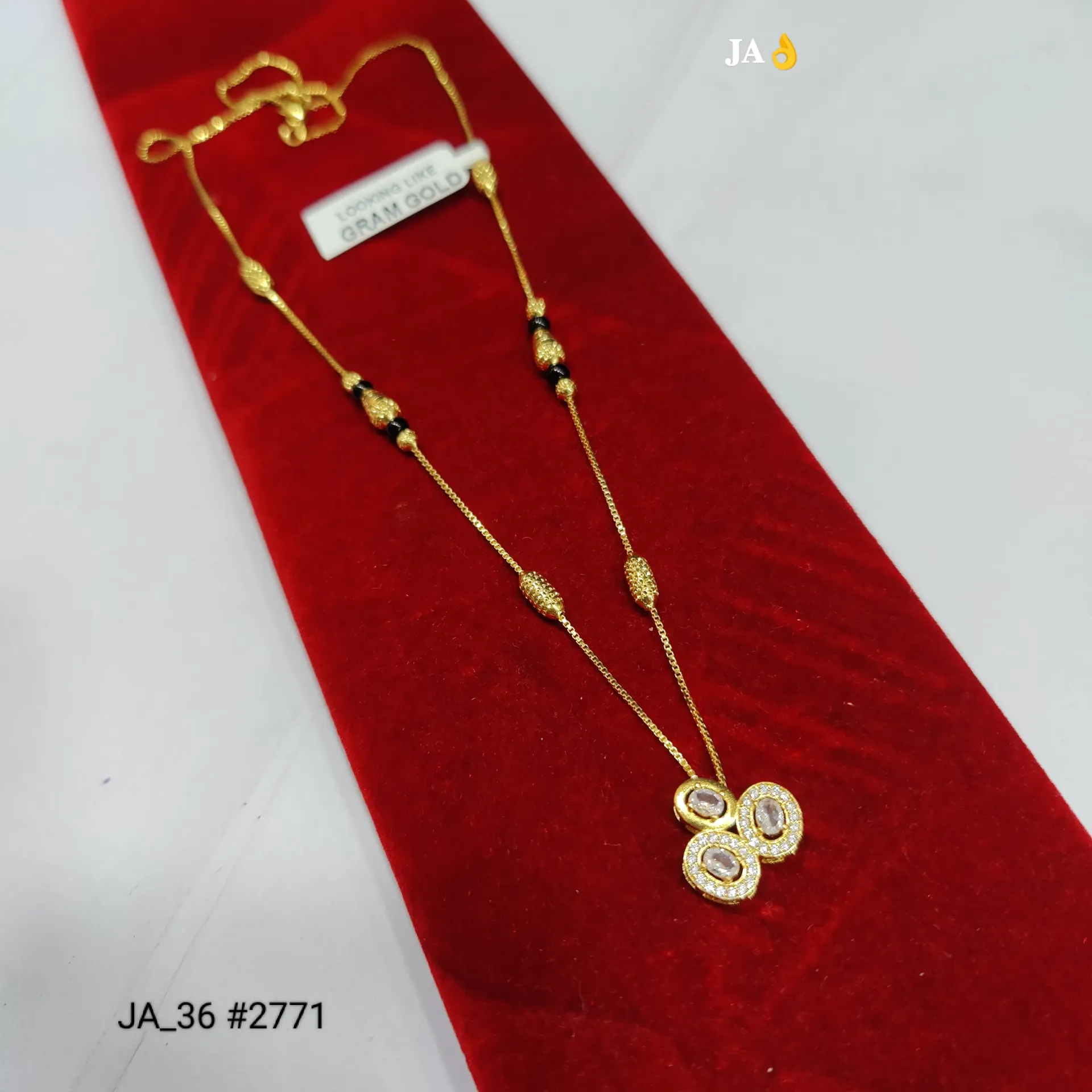 1 Gram Gold Plated Triple Oval CZ Pendant Mangalsutra with Designer Black Beads DN-2771