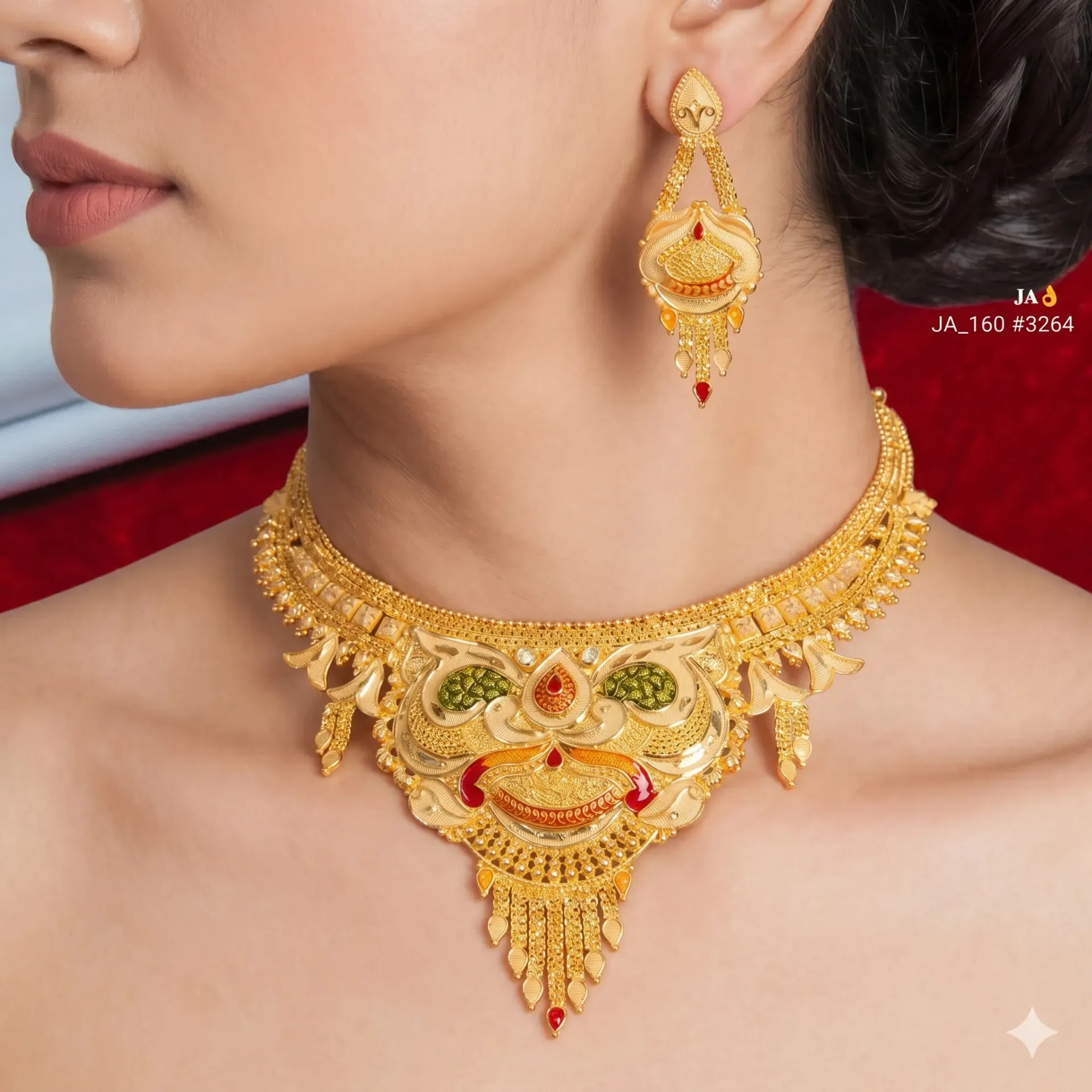 1 Gram Gold Plated Traditional Designer Necklace Set with Earrings DN-3264