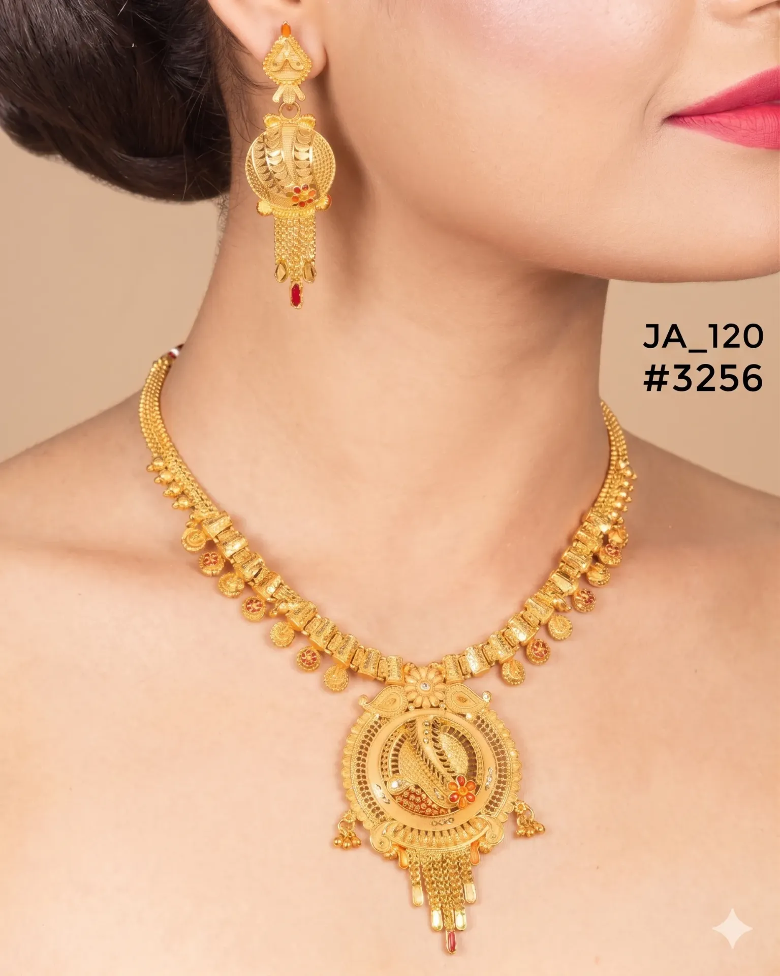 1 Gram Gold Plated Traditional Designer Necklace Set with Earrings DN-3256
