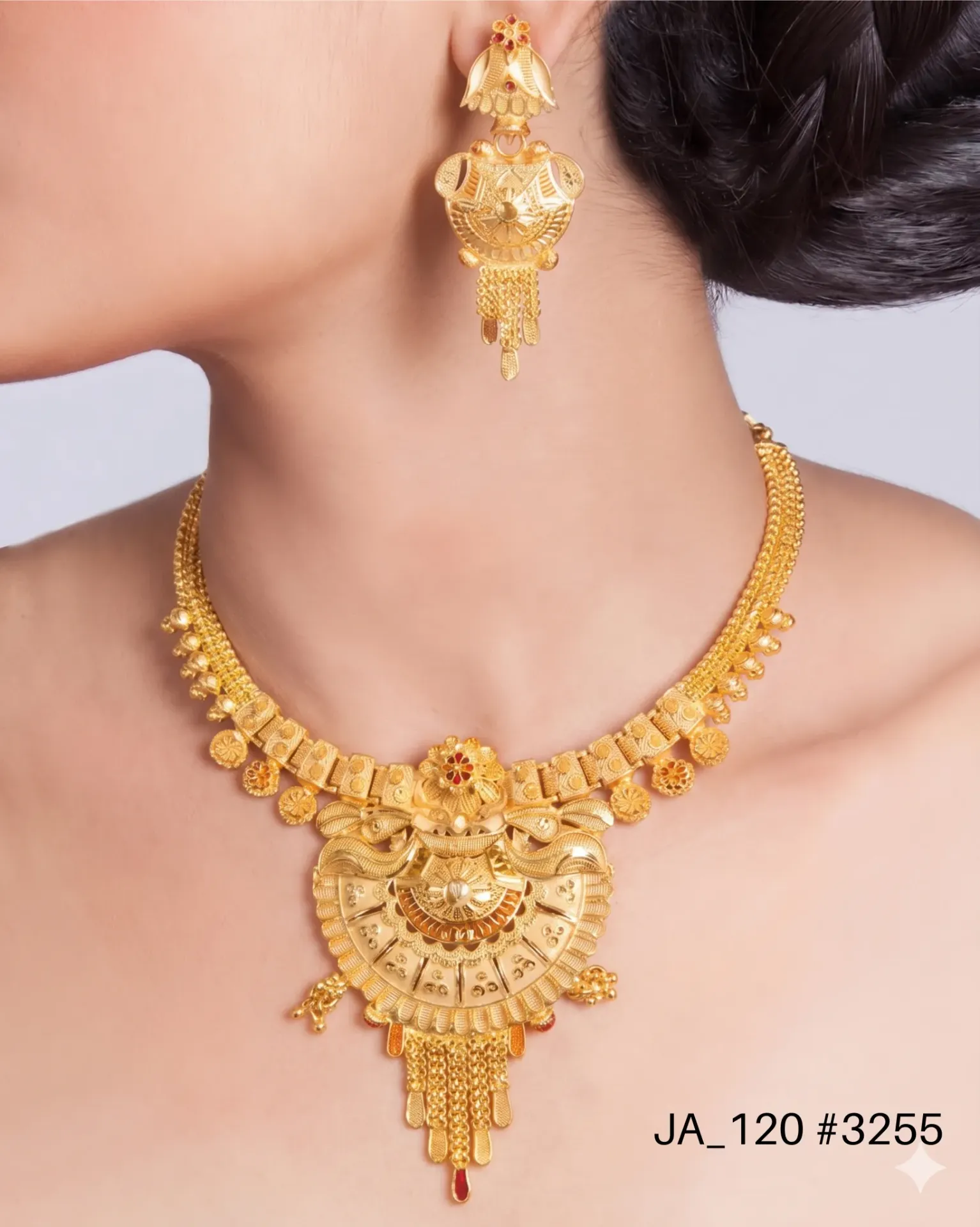 One Gram Gold Plated Traditional Designer Necklace Set with Earrings DN-3255