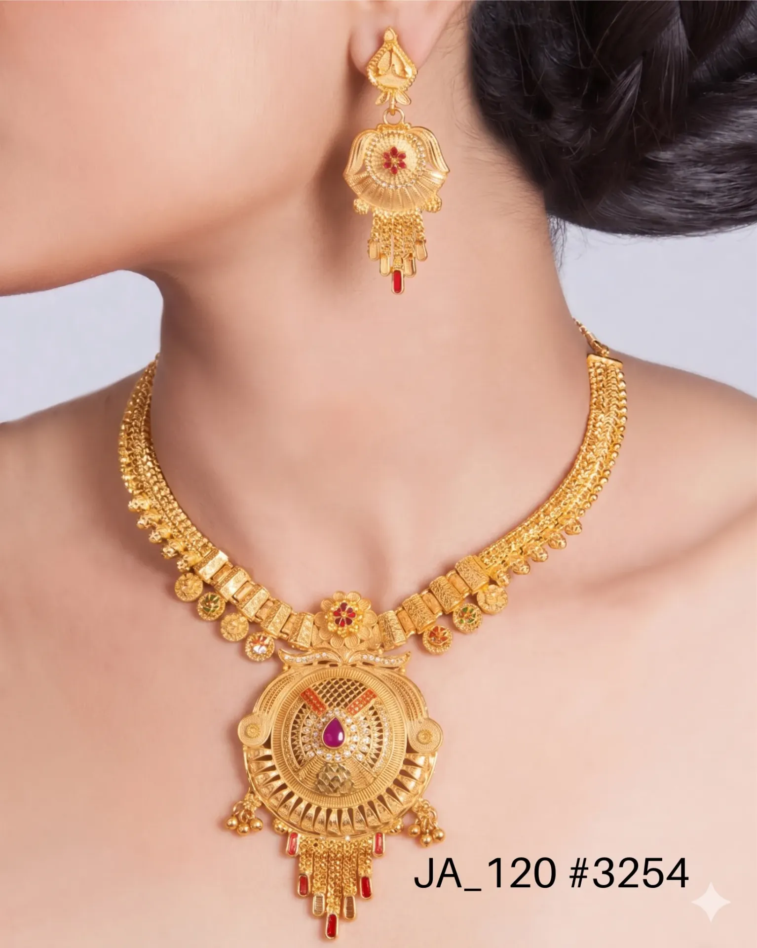 1 Gram Gold Plated Traditional Designer Necklace Set with Earrings DN-3254