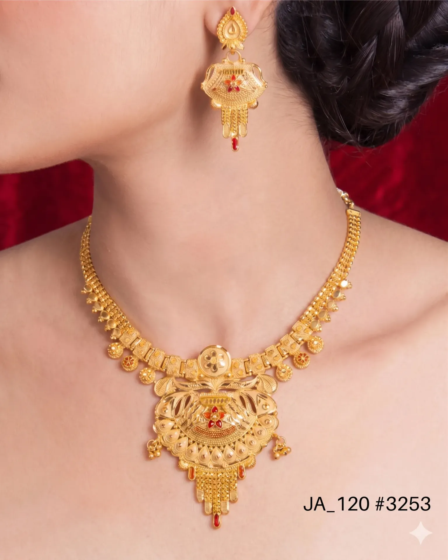 1 Gram Gold Plated Traditional Designer Necklace Set with Earrings DN-3253
