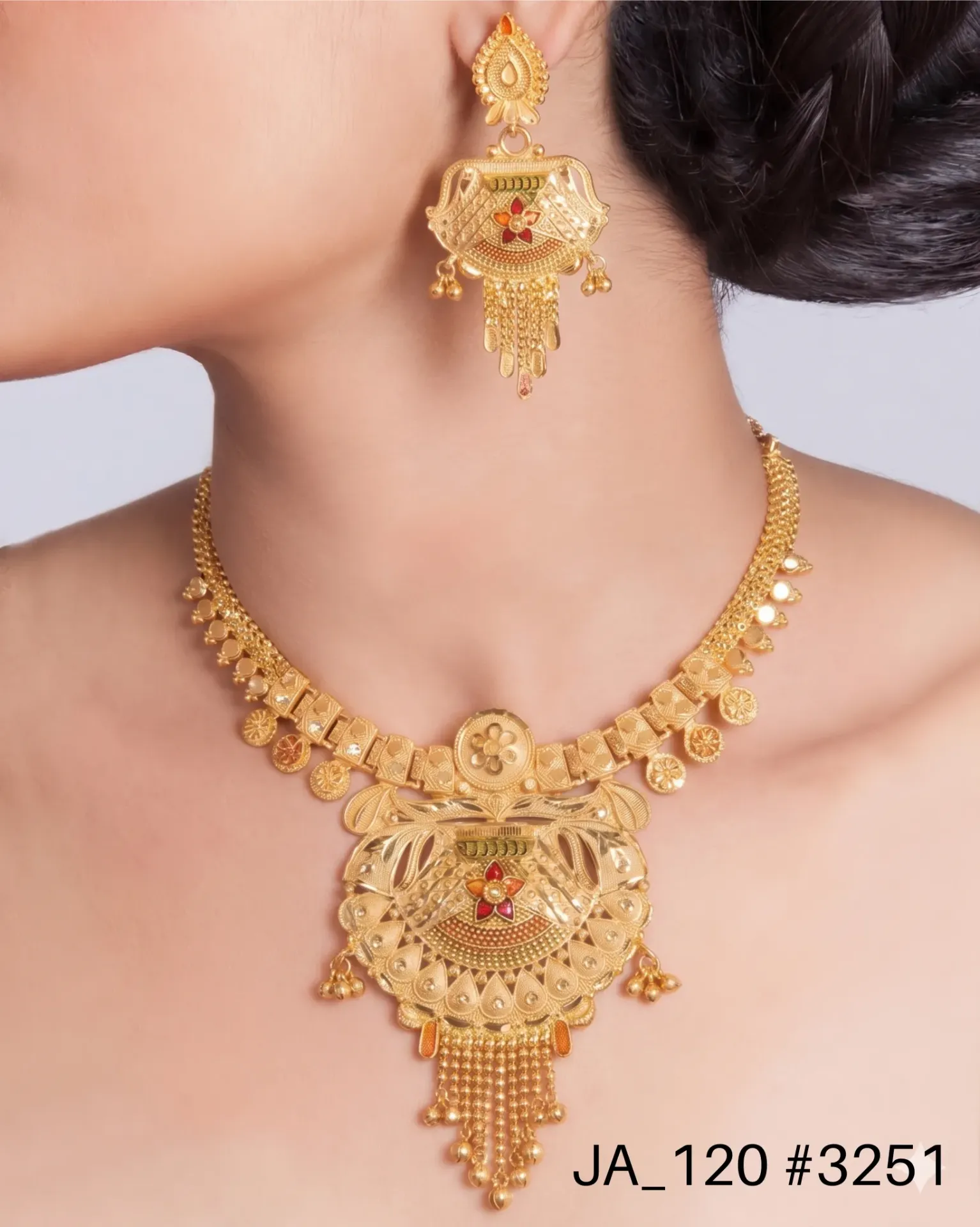 1 Gram Gold Plated Traditional Designer Necklace Set with Earrings DN-3251