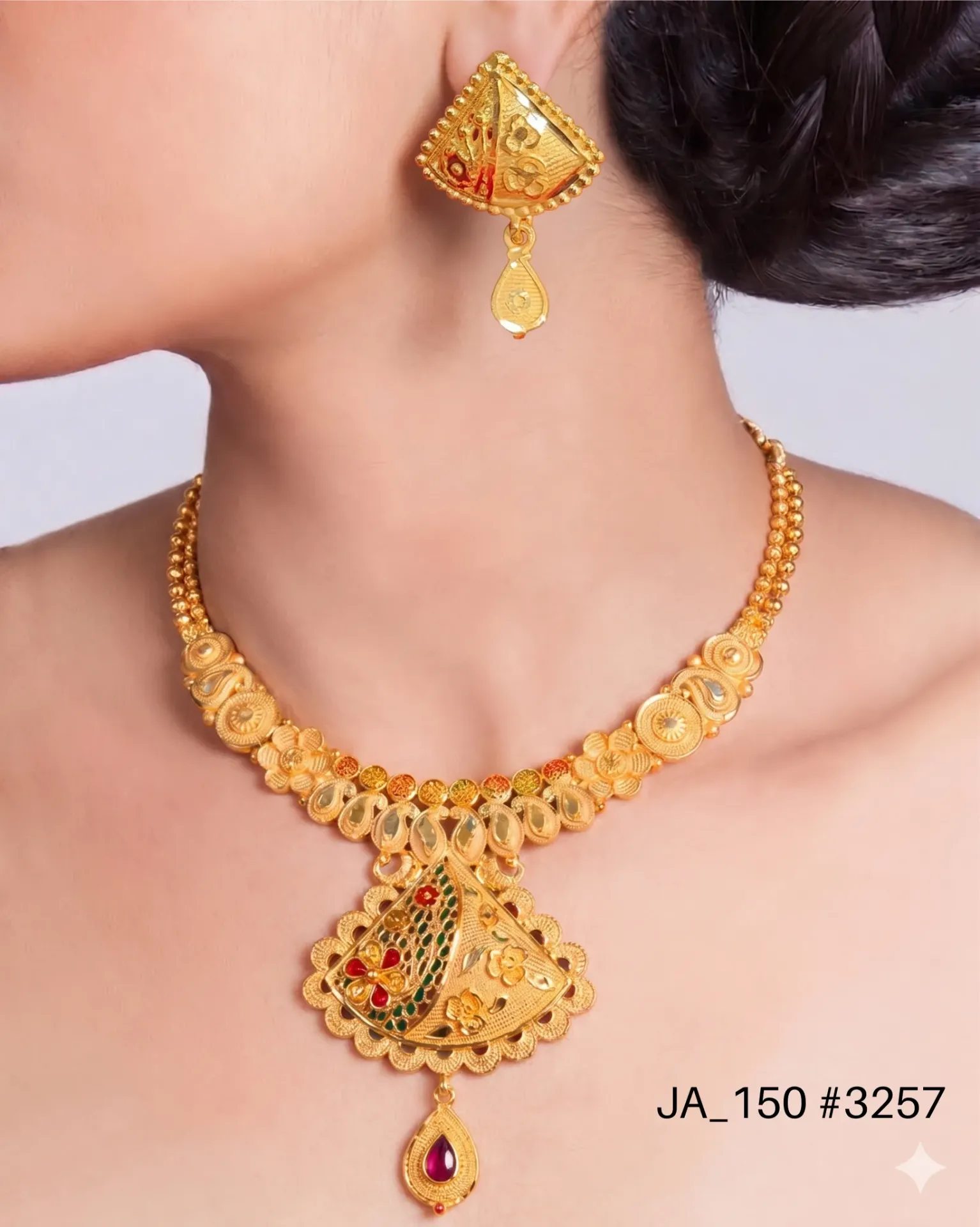 1 Gram Gold Plated Traditional Designer Necklace Set with Earrings DN-3257