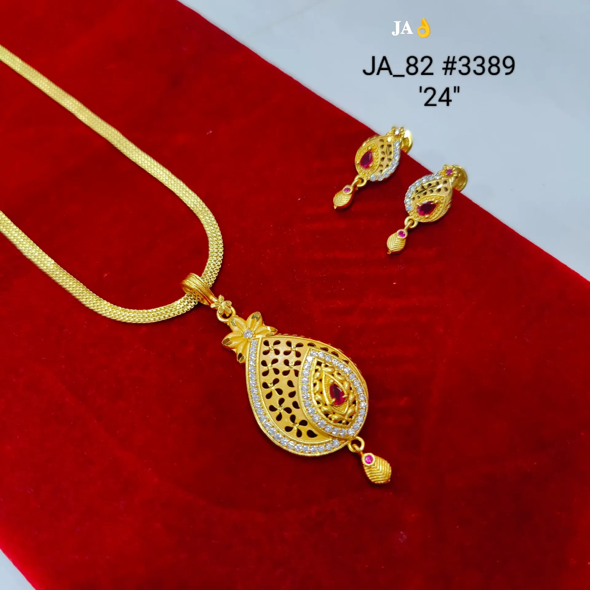 One Gram Gold Plated Elegant Teardrop Designer Pendant Set with Stone Work & Chain DN-3389