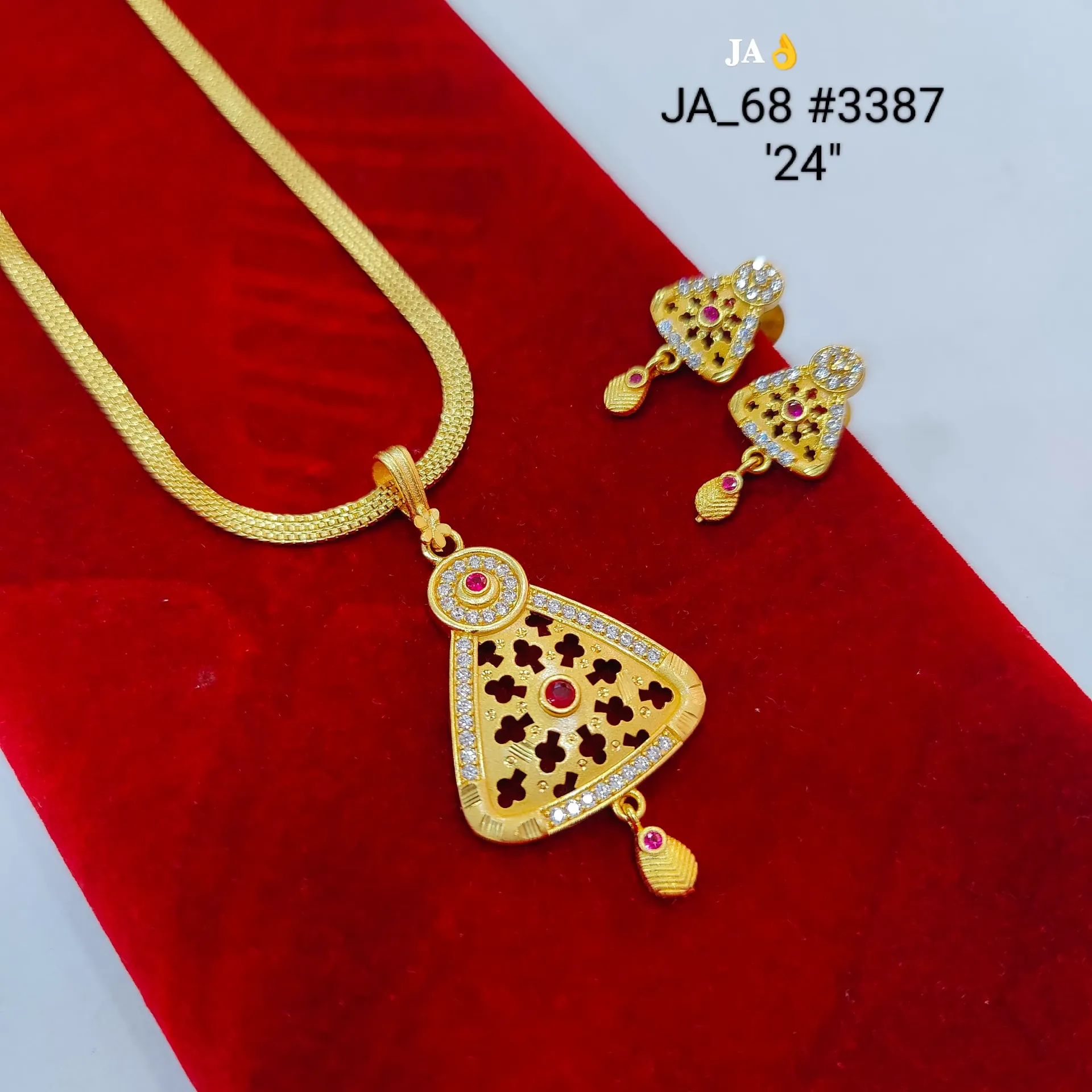 One Gram Gold Plated Traditional Triangle Designer Pendant Set with Stone Work & Chain DN-3387