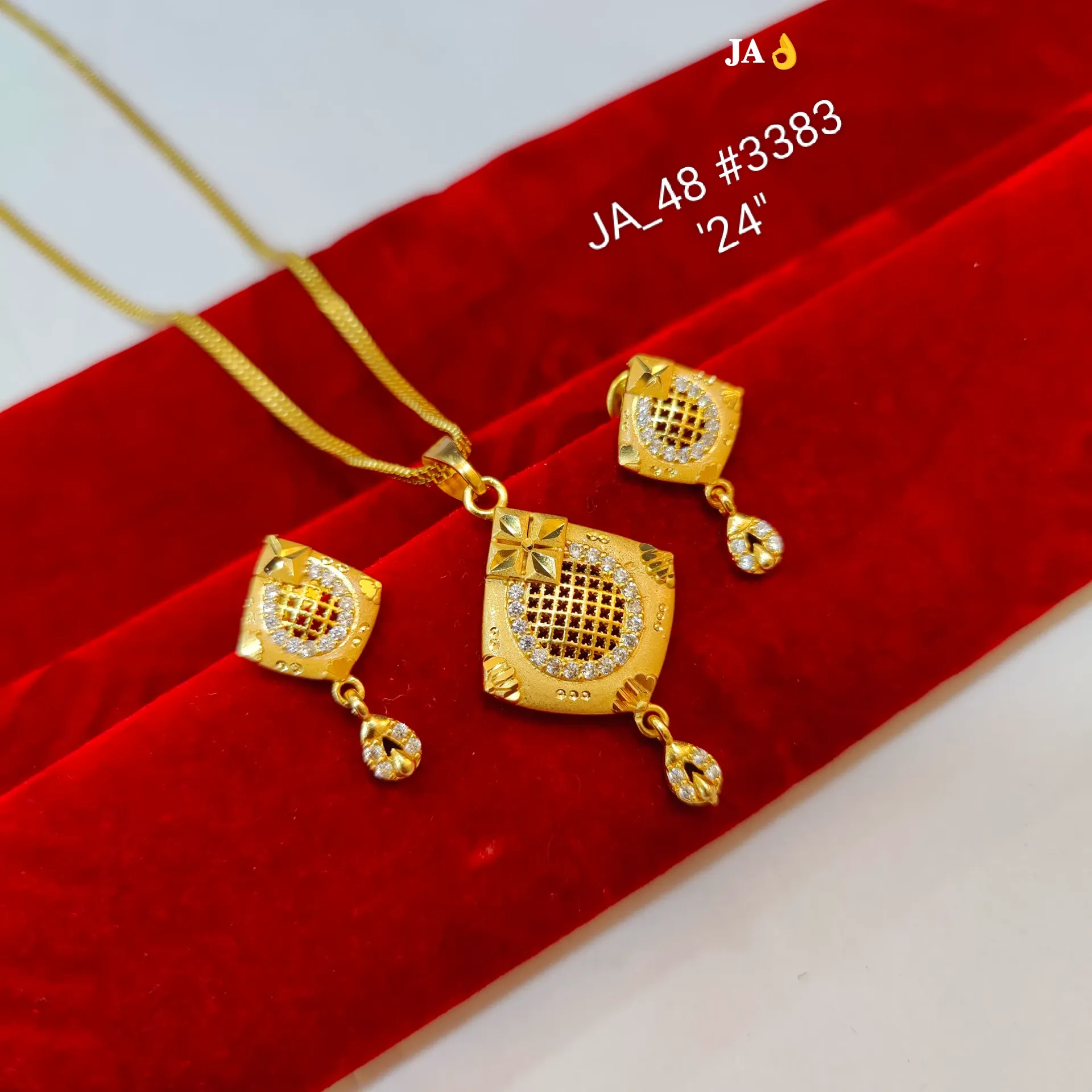 One Gram Gold Plated Geometric Mesh Pendant Set with Stone Studded Earrings & Chain DN-3383
