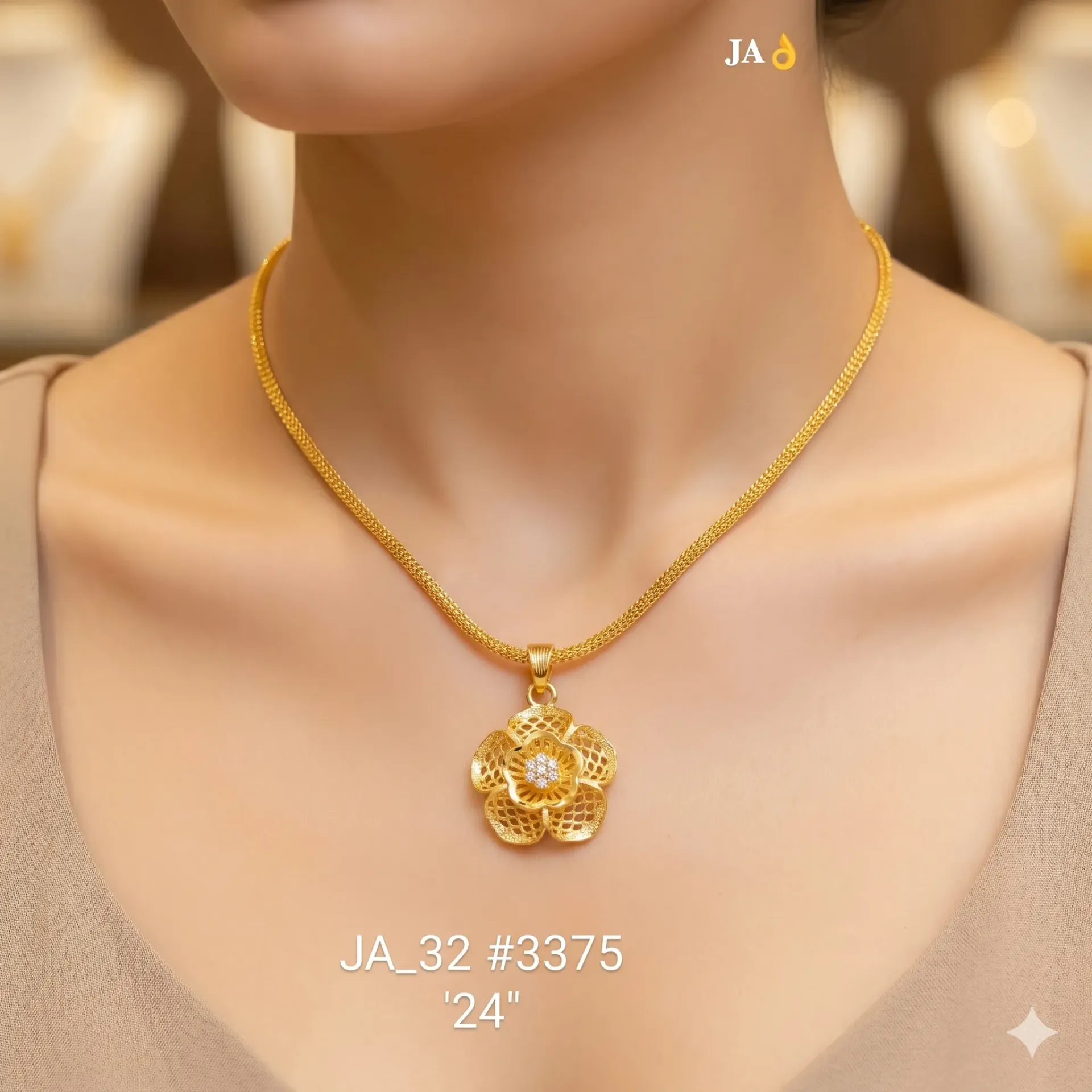 1 Gram Gold Plated Floral Stone Pendant Chain DN-3375