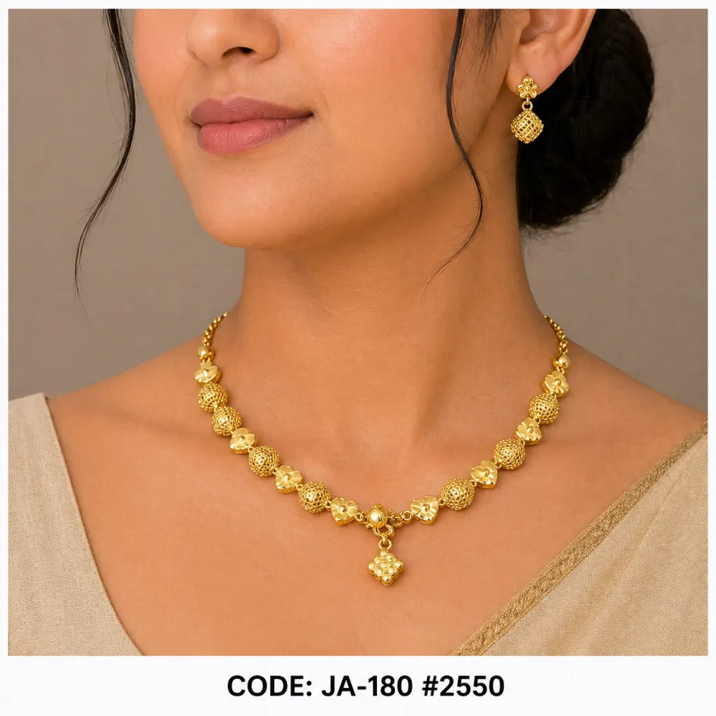1 Gram Gold Plated Heart & Cube Design Necklace Set with Earrings DN-2550
