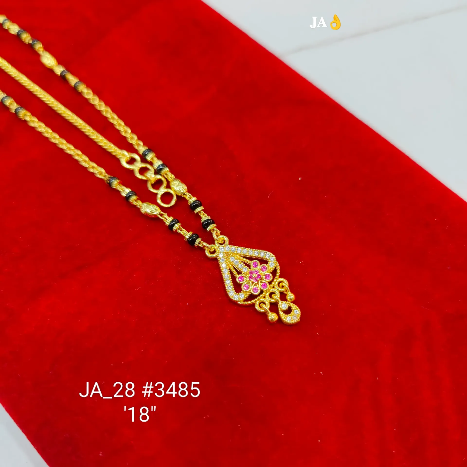 1 Gram Gold Plated Pink Floral Teardrop Designer Mangalsutra (18 Inch) DN-3485