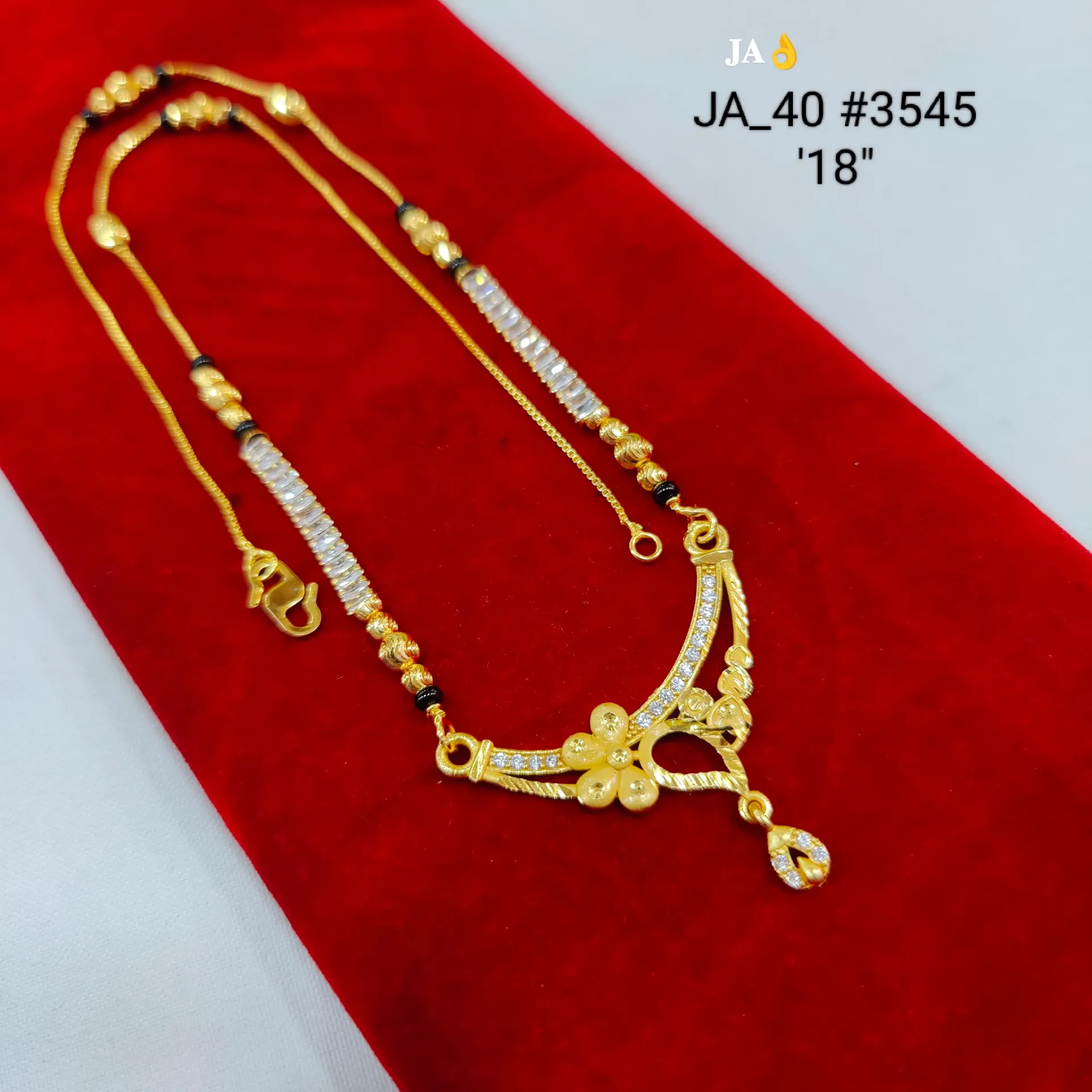 1 Gram Gold Plated CZ Studded Floral Curve Designer Mangalsutra Pendant Chain DN-3545