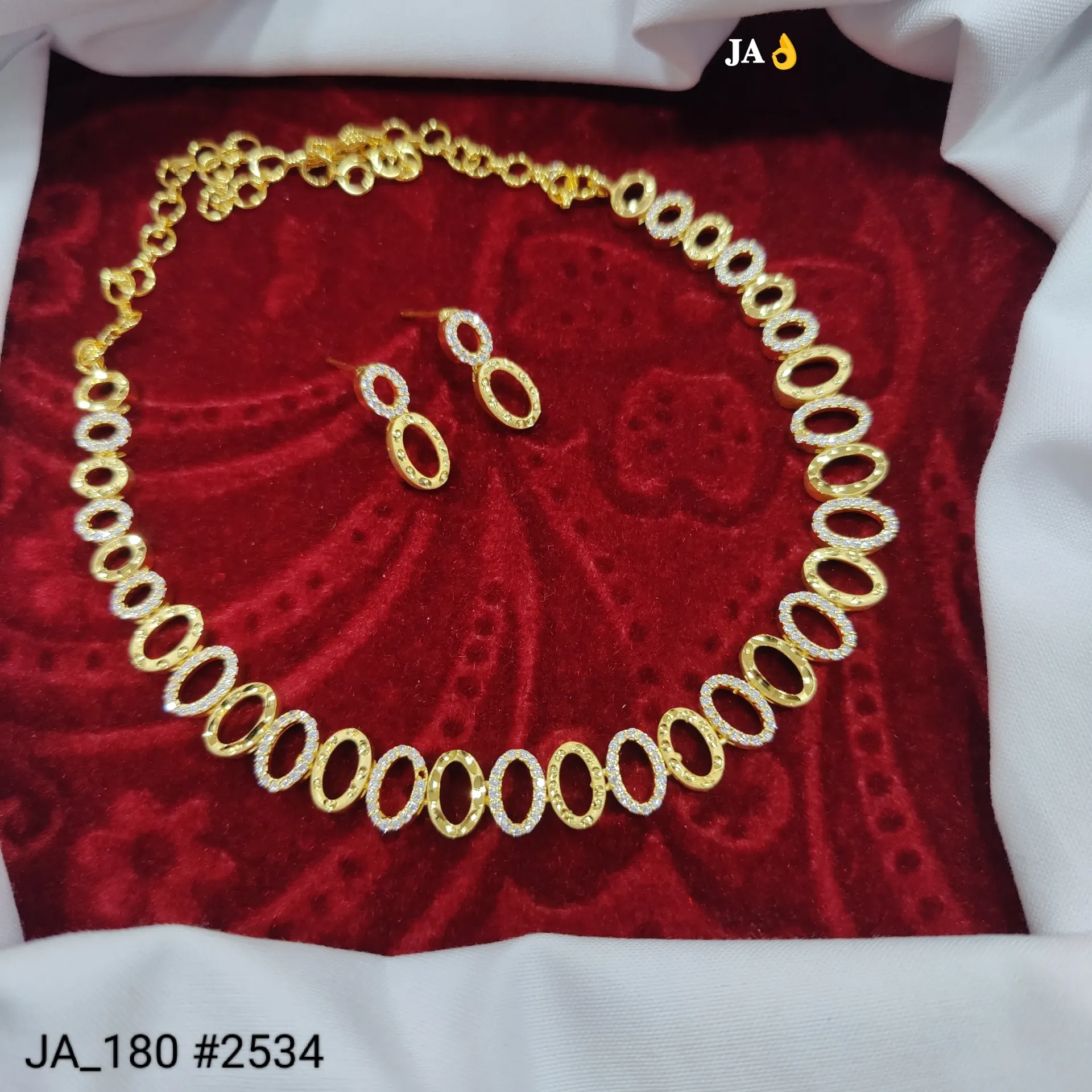 1 Gram Gold Plated Oval Link Stone Necklace Set with Matching Earrings DN-2534