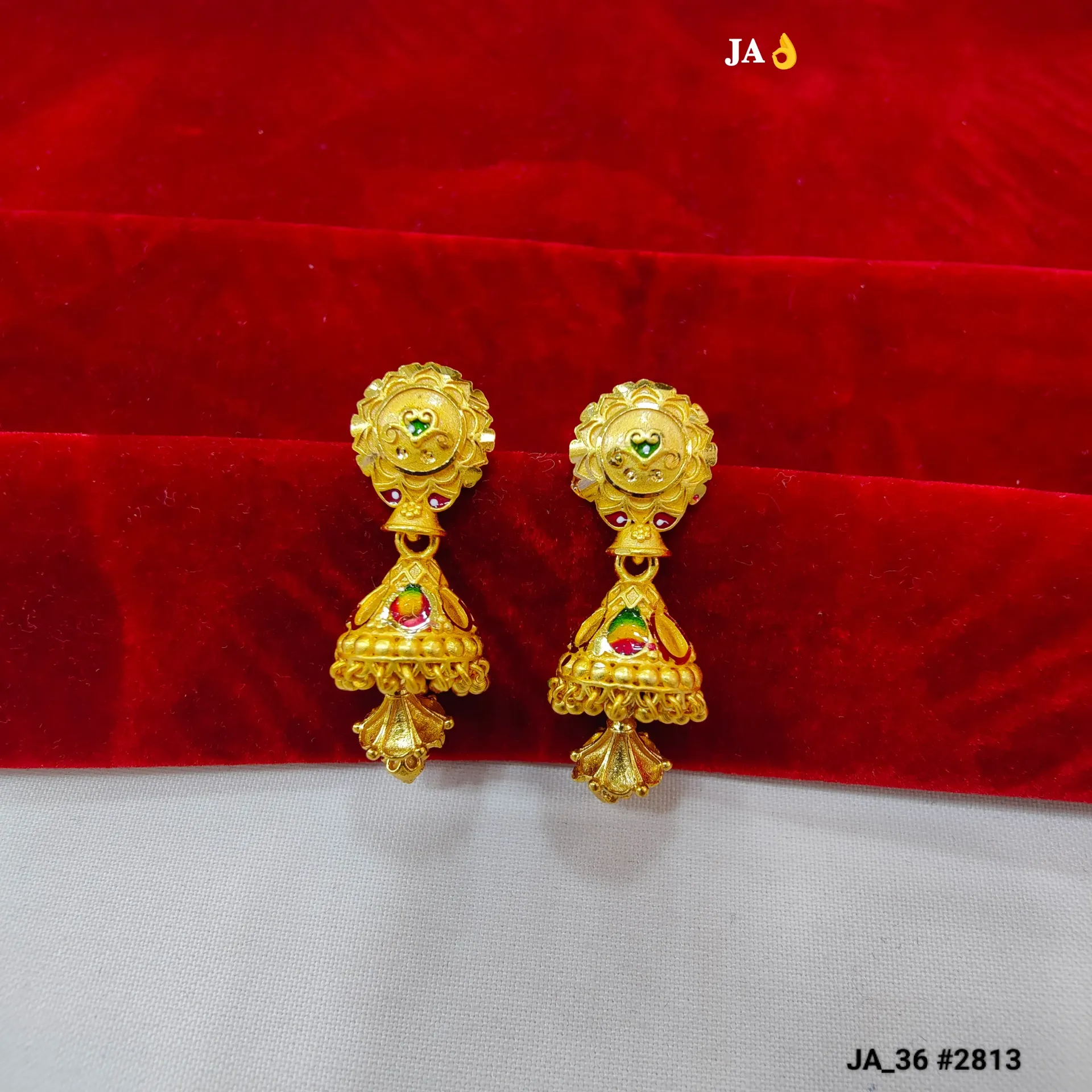 1 Gram Gold Traditional Meenakari Jhumka Earrings with Floral Stud Design DN-2813
