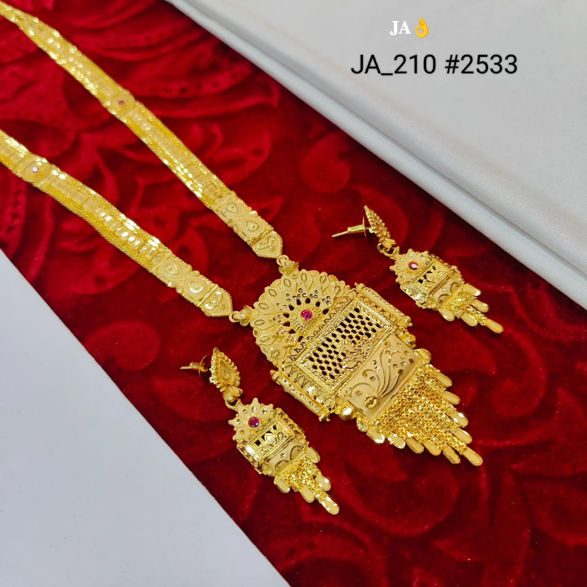 Traditional Gold Finish Long Necklace Set with  Earrings DN-2533