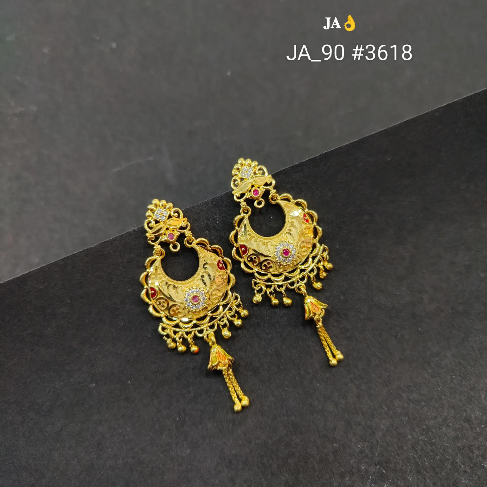 Traditional Stone-Studded Crescent Gold Finish Earrings DN-3618