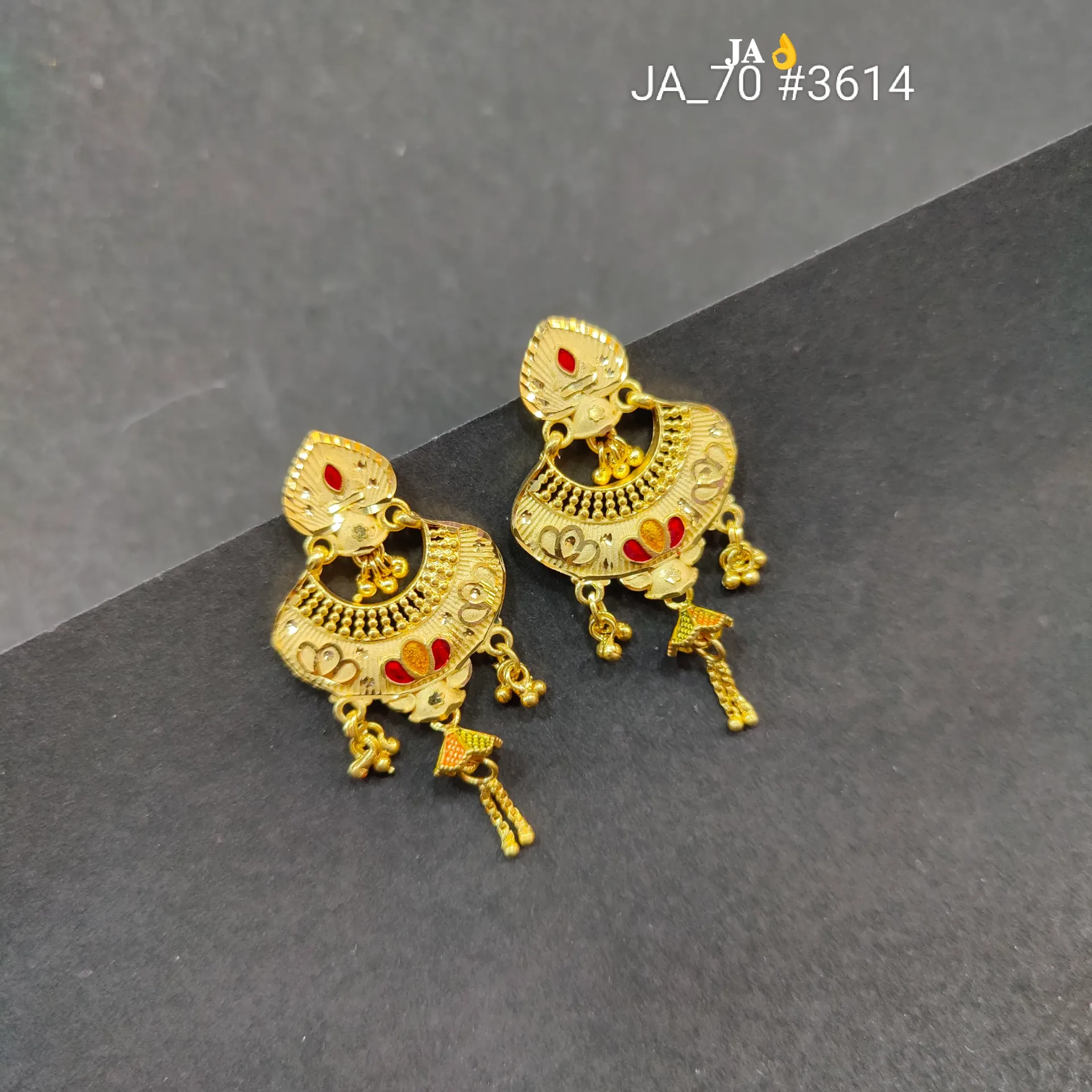 Traditional Red Accent Crescent Gold Finish Earrings DN-3614