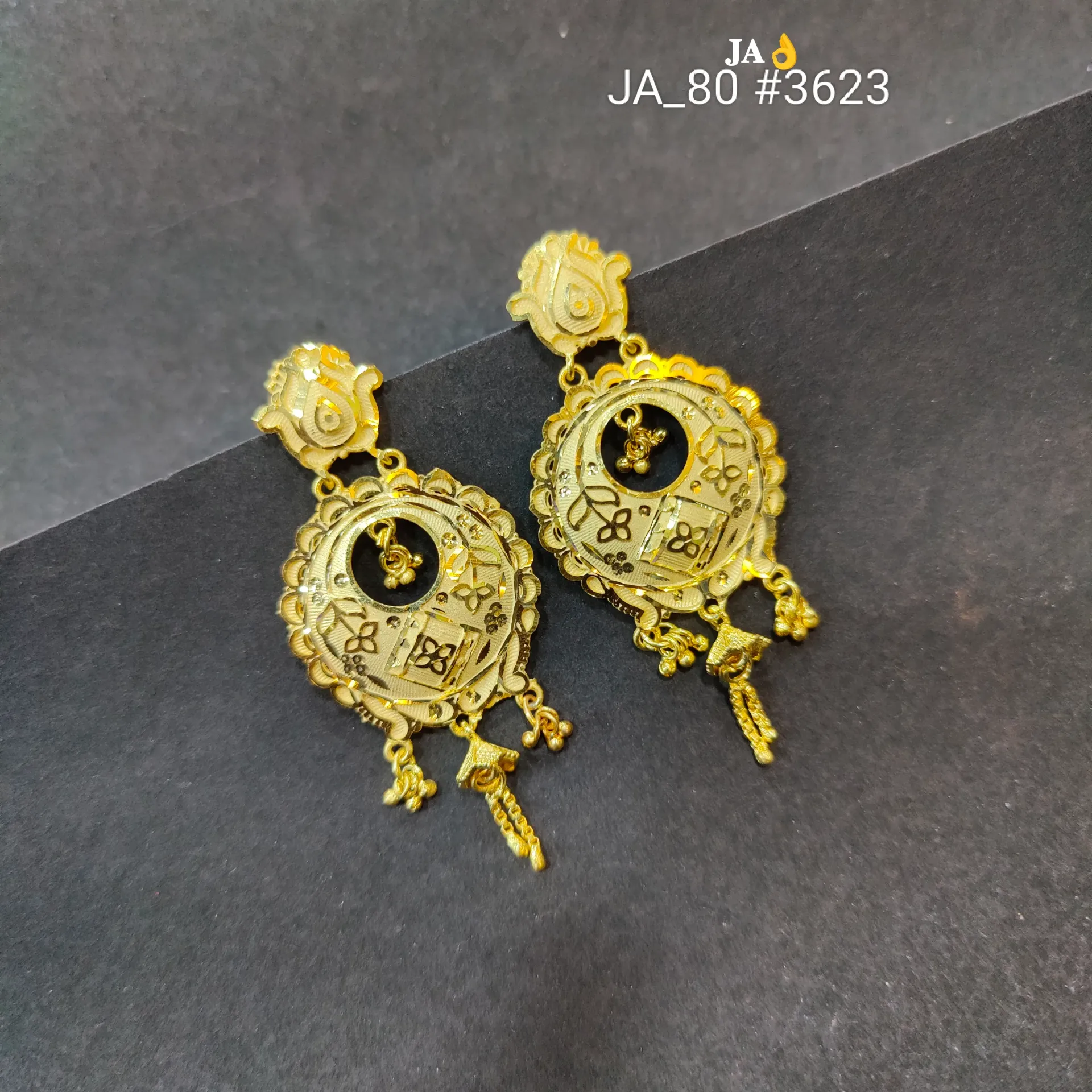 Traditional Round Engraved Gold Finish Earrings DN-3623