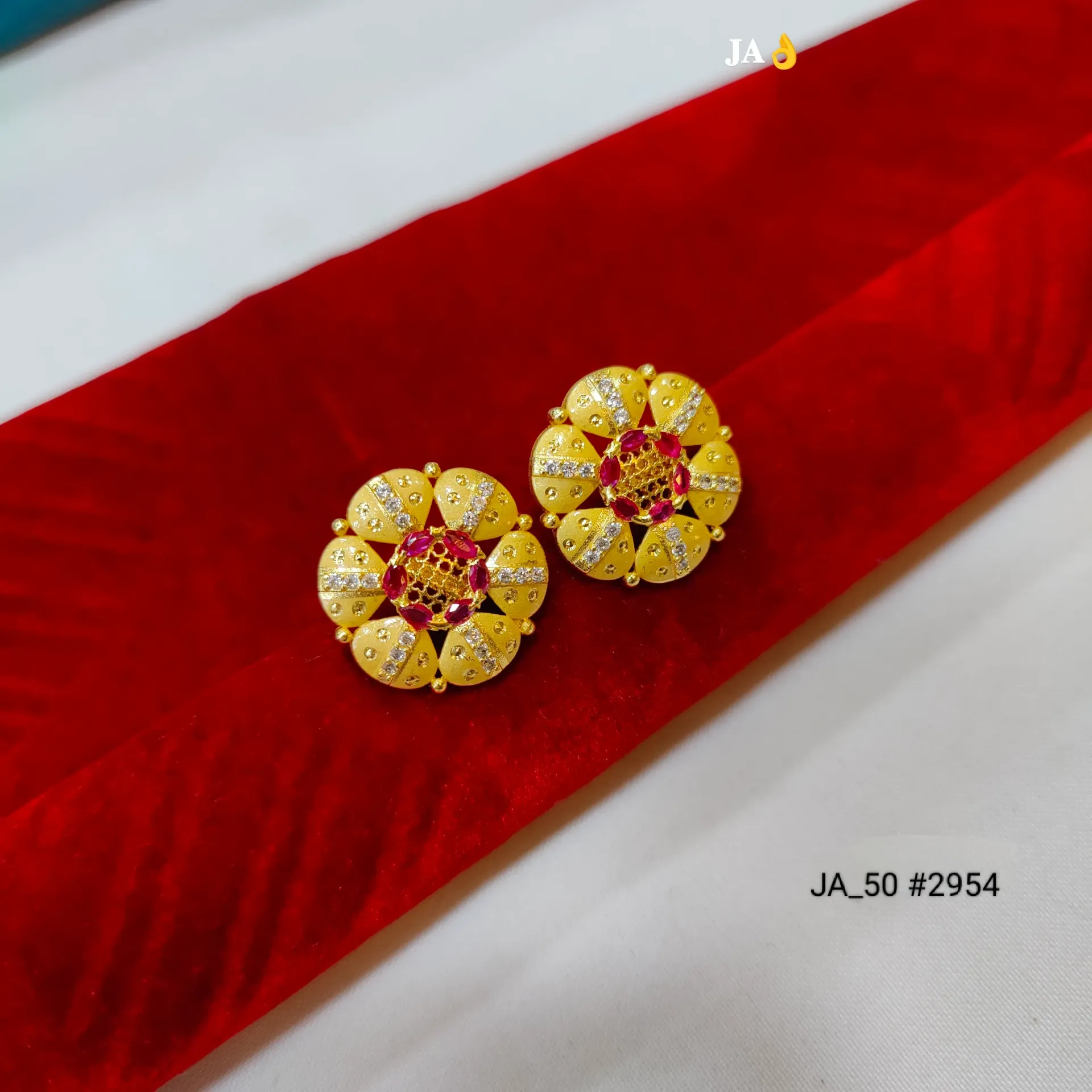1 Gram Gold Plated Floral Ruby Stone Designer Stud Earrings DN-2954